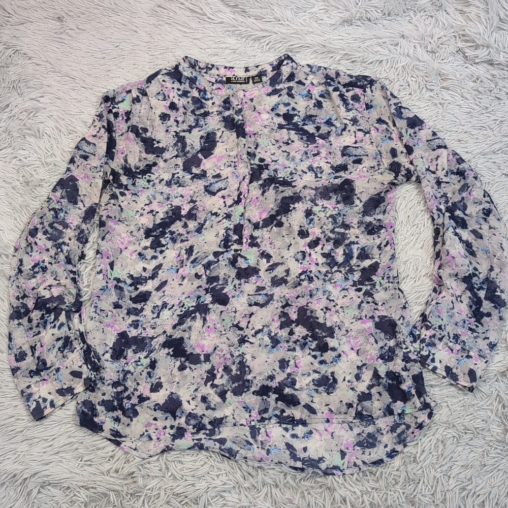 A.N.A. Shirt Womens M Petite Blue Henley Top Blouse Casual Preppy Sheer Roll Tab